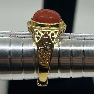 Gold Tone Stainless Steel Ring with Red Agate Stone Vintage Style Filigree Size9